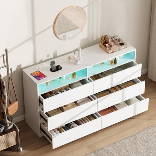 6 Drawer Dresser for Bedroom, White Dresser with LED Lights, Power Outlet, Modern Wood Chest of Drawers for Closet, Double Wide Drawer Organizer Cabinet for Bedroom, Living Room, Entryway, Hallway - Image 1