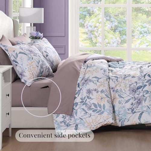 CASAAGUSTO Queen Comforter Set, 7 Pieces Bed in a Bag Queen Purple Iris Floral Comforter Set with Flowers Leaves Pattern, Soft Seersucker Design All Season Queen Size Bedding Set - Thumbnail 3