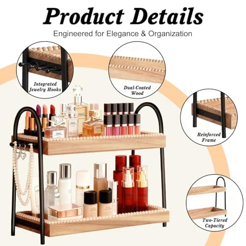 Xumilas 2-Tier Bathroom Countertop Organizer with 8 Hooks -Wooden Perfume & Makeup Storage Tray for Vanity Dresser, Farmhouse Skincare Organizer & Jewelry Holder for Kitchen Coffee Station - Thumbnail 5