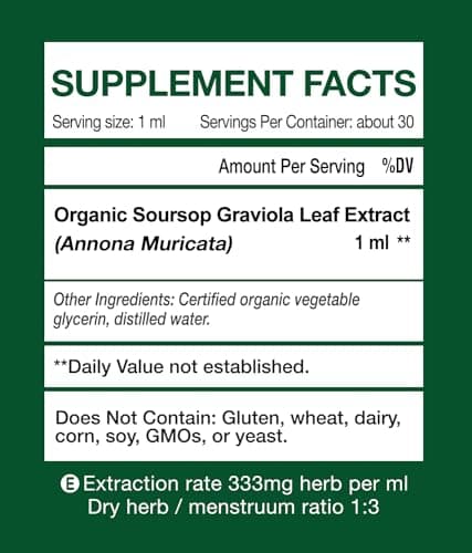 Organic Soursop Graviola Leaf Extract Liquid Drops | Soursop Bitters Liquid | GMP Certified | Vegan, Non-GMO, Gluten Free | Immune Support | 1 Fl Oz - Thumbnail 2
