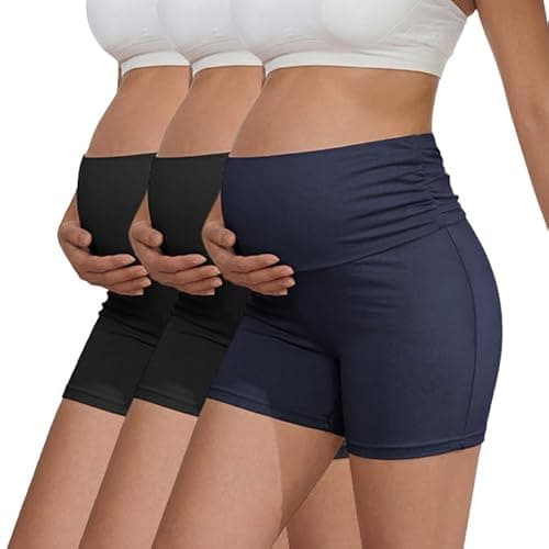 Ekouaer Pack Women's Maternity Shorts Stretchy Workout Pregnancy Shorts Comfy Lounge Pajama Sleepwear Black/Black/Navy Blue XL - Image 1