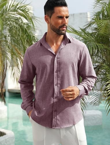 MAPICK Mens Linen Dress Shirts Business Casual Dress Shirts Fashion Untucked Wrinkle Free Fall Shirts(Dark Purple,Medium) - Thumbnail 4