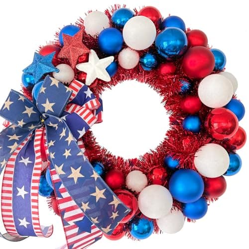 HipTree 16 Inch Patriotic Ball Wreath for Front Door with Lights, 4th of July Wreath with Red White Blue Stars & Ribbon for Memorial Day, Independence Day,Veterans Day, Flag Day,Summer Decorations