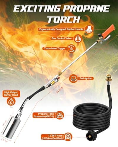 Propane Torch Weed Burner Heavy Duty, 340,000 BTU Propane Weed Burner with 12FT Hose, Weed Burner Torch with Self Igniting Turbo Trigger, 2 Extension Modes for Weeding, Roofing, Ice Melting, BBQ - Thumbnail 5
