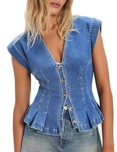 Nitzana Women's Denim Vest Trendy 2026 Cap Sleeve Deep V Neck Button Down Jean Vest Tops for Women Summer Crop Waistcoat Blue XL - Image 1