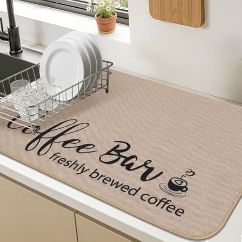 Findosom Dish Drying Mat, 12"x 20" Super Absorbent & Hide Stain Coffee Mat, Cuttable Drying Mat for Kitchen Counter, Coffee Bar Accessories, Under Dish Rack, Coffee Maker, Espresso Machine, Linen - Thumbnail 6