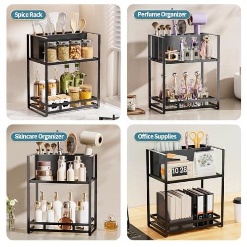 SanDream Hair Tool Organizer Bathroom Countertop, 2-Tier Metal Bathroom Organizer with Blow Dryer Holder, Large Capacity Space-Saving Vanity Shelf for Perfume, Skincare & Makeup Storage (Black) - Thumbnail 6
