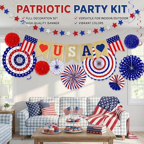 4th of July Decorations - 26 PCS Patriotic USA Banner Star Streamer Paper Fans Hanging Swirls Pompoms Set for Memorial Day | 250th Anniversary America Merchandise Accessories for Indoor Outdoor Home - Thumbnail 5