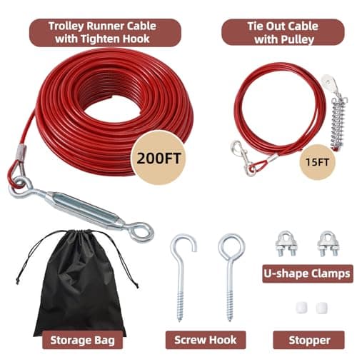 LUFFWELL 200FT Dog Runner for Yard with 15FT Tie Out Cable - Heavy Duty Dog Run Cable for Large Dogs Up to 250LBS, Backyard/Park/Camping Use (Red, 200FT+15FT) - Thumbnail 2