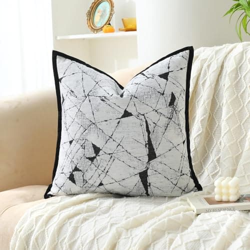 OLSUNOR Black and White Pillow Covers, 18x18 inch Textured Decorative Throw Pillow Covers w/Invisible Zipper & Velvet Flange Edge, Soft Chenille Jacquard Accent Pillow for Mother's Day, Home Decor - Image 1