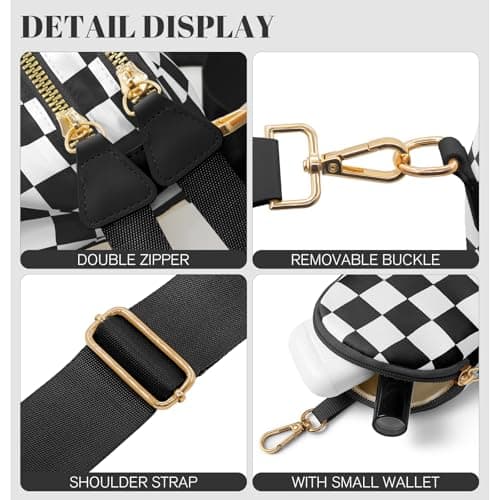 WOOMADA Checkered Crossbody Bag Bum Bag for Women, Spacious Nylon Fanny with Removable Wallets(2pcs-Black Checkerboard) - Thumbnail 4
