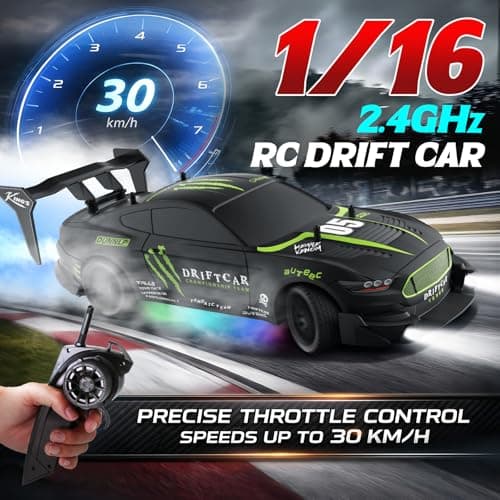 LFOLUSU Remote Control RC Drift Car 1:16 Scale 4WD RC Car with LED Lights 2.4GHz 30km/h RTR High Speed Racing Sport Toy for Adults Boys Girls Kids Gift 2Pcs Rechargeable Battery (A-Black) - Thumbnail 2