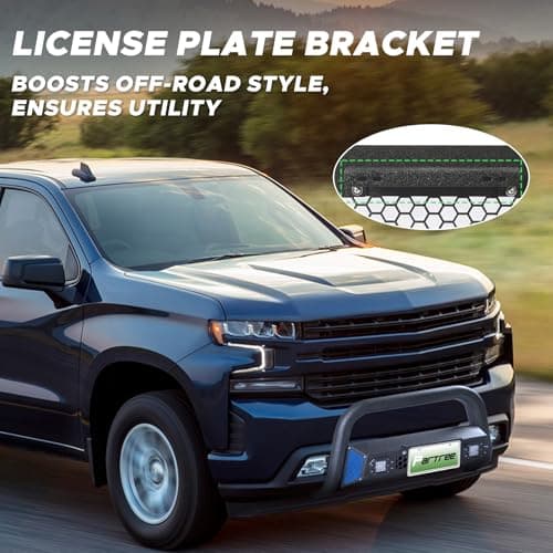 Partree Bull Bar Fit for Chevy Silverado 1500/GMC Sierra 1500 2019-2025 with LED Light & w/License Plate Bracket DIY Paintable Truck Front Bumper Brush Push Bar Front Grille Guard Protector - Thumbnail 6