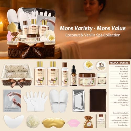 Bath and Body Gift Basket Set for Women - Coconut Vanilla Spa Gift Basket - Premium 21‑Piece Luxury Bath & Body Gift Set for Self Care - Gift ready for Valentines Birthday Gifts - Thumbnail 5