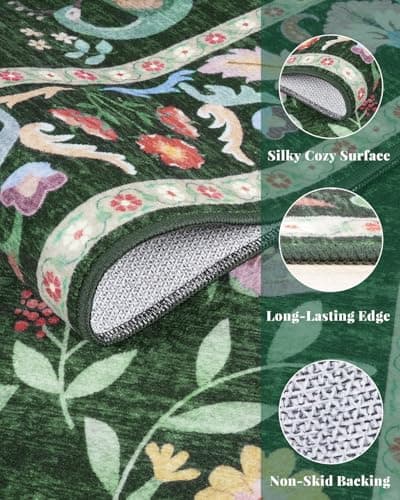 Lunasun Green Washable Floral 2x6 Runner Rug for Hallway- Stain Resistant Kitchen Runners, Botanical & Animal Indoor Floor Mat for Bathroom, Soft Non Slip with Rubber Backed - Thumbnail 5