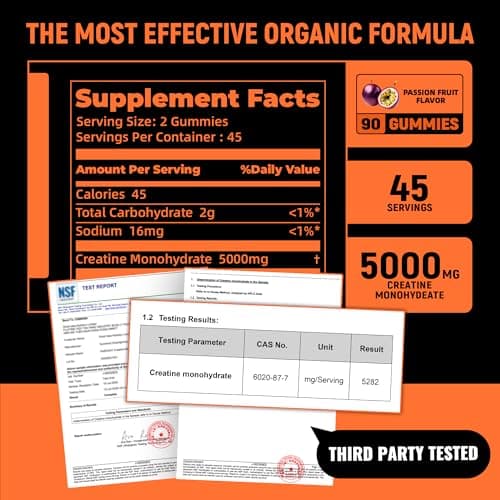 NSF Certified Creatine Gummy - Creatine Monohydrate Gummies 5g for Men & Women - Boost Focus,Strength, and Endurance, Vegan, Gluten-Free, Non-GMO, 2.5 Gram Creatine per Gummy ( Passion fruit 90 ct) - Thumbnail 3