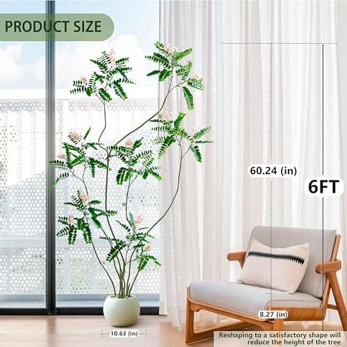 FSOHOI Artificial Mahonia Fortunei Tree - 6FT Artificial Plants Indoor, Fake Floor Plant with White Planter, Tall Sumac Faux Plants for Decor Indoor Home Sala Office Hotel Patio Studio（Pink - Thumbnail 3