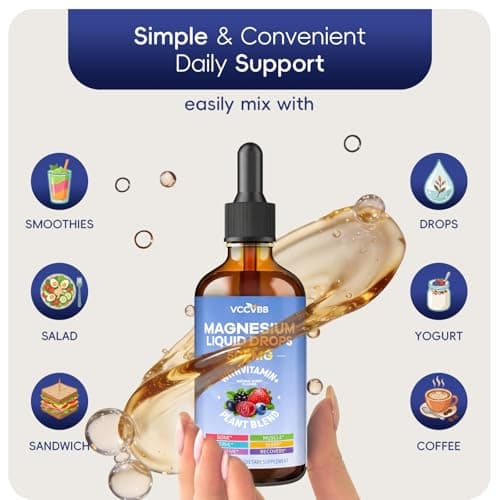 Magnesium Glycinate Liquid Drops, Magnesium Complex with Malate Taurate Citrate Complex & Vitamin D3, B6, K2 L-Theanine, Plant Blend for Sleep, Bone, Muscle, Nerve Non-GMO (500mg-Berry Flavor) - Thumbnail 5