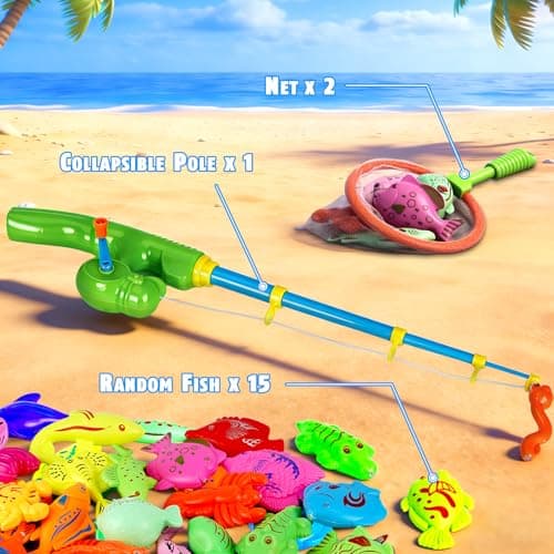 CozyBomB™ Magnetic Fishing Toys Game Set for Kids | Water Table Bathtub Kiddie Pool Party Pole Rod Net, Outdoor Plastic Floating Fish, Toddler Bath Color Ocean Sea Animals Birthday Gift Age 3-5 6 4-8 - Thumbnail 2