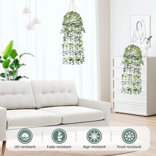 2 Pcs Fake Hanging Plants, Artificial Hanging Vines Plant, Faux Potted Eucalyptus Plants, Boho Home Decor for Indoor Outdoor, Wall Shelf Office Living Room Bedroom Bathroom Farmhouse Decorations - Thumbnail 3