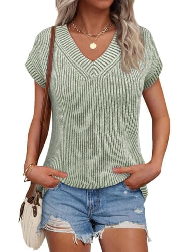 Saodimallsu Womens V Neck Short Sleeve Sweater Summer Lightweight Cap Sleeve Casual Loose Knit Pullover Tank Tops Green - Image 1