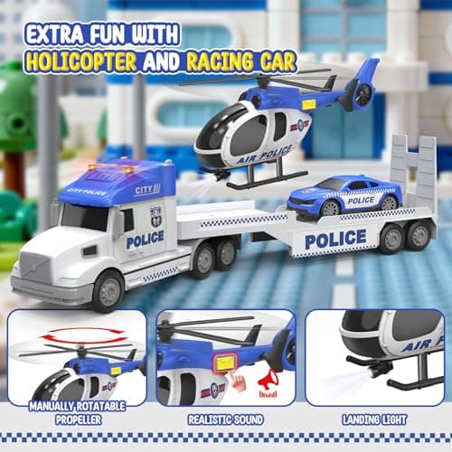 Toddler Toys for 3 4 5 6 Year Old Boys - 27" Large Police Semi Truck Toy with Racing Car and Helicopter, 3-in-1 Friction Powered Transport Vehicle with Lights Sounds, Christmas Birthday Gifts for Boys - Thumbnail 6