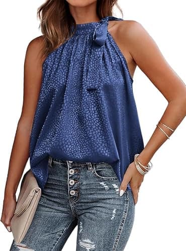 BTFBM Satin Halter Tops for Women 2026 Summer Spring Clothes Leopard Side Tie Bow Mock Neck Sleeveless Loose Tank Top(Navy, XX-Large) - Image 1