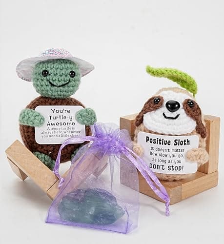 2 Pack Positive Crochet Animals Birthday Gifts for Women Men Includes Motivational Cards and a Wooden Base Cute Small Gift for Son Mom Dad Daughter Sister Friend Coworkers - Image 1