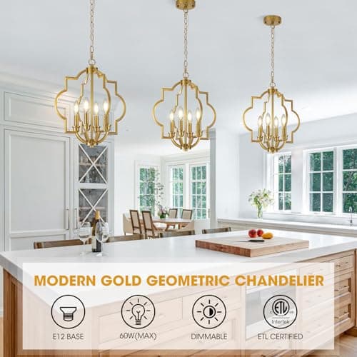ACANER 4-Light Brushed Gold Chandeliers for Dining Room, 15.6" Farmhouse Geometric Pendant Light Fixture for Entryway Foyer Kitchen Bathroom Over Sink - Thumbnail 2