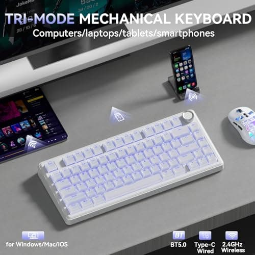 SOLAKAKA A75 Wireless Gaming Keyboard with Multifunction Knob, BT5.0/2.4GHz/USB-C, 75% Mechanical Keyboard, Hot-Swappable, Gasket Creamy Keyboard with RGB Backlit, Crystal Keycaps, for PC/Mac/PC - Thumbnail 3