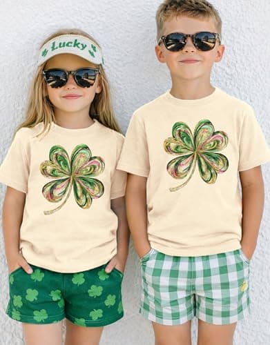 SANIXJOO Toddler Girls Boys St. Patrick Day Outfits Kids Baby Clover Graphic Summer Tee Tops Short Sleeve Casual Clothes(Apricot,4-5T) - Thumbnail 3
