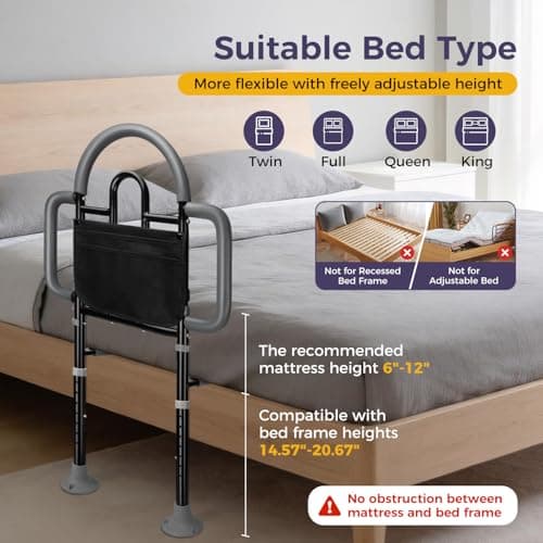 EASYVAVA Bed Rails for Elderly Adults Safety, Adjustable Bed Assist Rail - Portable Bed Cane Supports 400 Lbs,ASTM Approved Bedside Safety & Stability for Seniors,for Bed Frames 14.57"-20.67" - Thumbnail 6