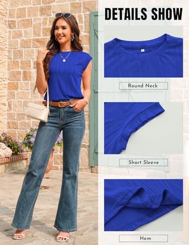 Aprolive Dressy Casual Blouses for Women Cute Work Tops 2026 Summer Cap Short Sleeve Slim Fit Shirts(Blue,Medium) - Thumbnail 6