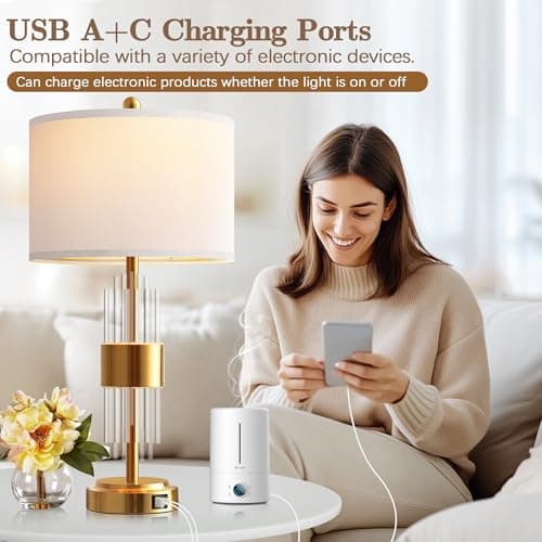 QiMH 25.5" Table Lamp Set of 2 with USB A+C Ports, Gold Lamp for Living Room with Touch Control, Modern Bedside Nightstand Lamp White Lamp Shade Bedroom Home Office Decor (2700K LED Bulbs Included) - Thumbnail 4