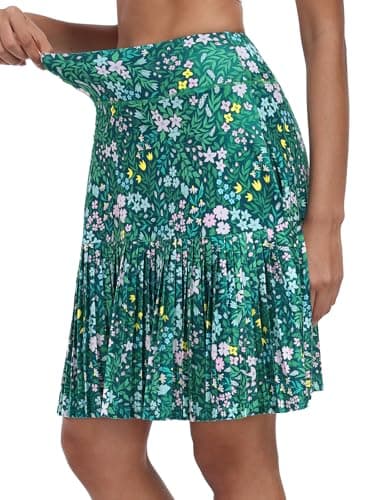 KORALHY 21" Golf Skorts with Pockets Pleated Tennis Skirts with Shorts Knee Length Skort for Athletic, Workout, Casual Wear Green Floral M - Thumbnail 3