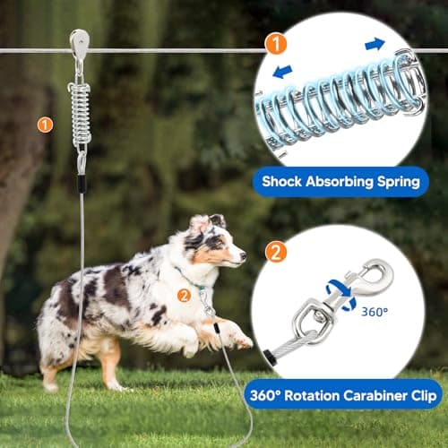 LUFFWELL 100FT Dog Runner for Yard with 15FT Tie Out Cable - Heavy Duty Trolley System for Large Dogs Up to 250LBS, Backyard/Park/Camping Use (Silver, 100FT+15FT) - Thumbnail 4