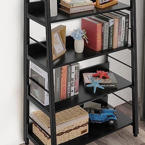 BATHWA 5 Tier Book Shelf, Industrial Bookcase and Storage Rack Accent Ladder Bookshelf, Black Wooden 28'' Wide 59''Tall Shelves Ladder Shelf for Living Room, Bedroom, Home Office - Thumbnail 4