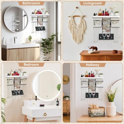 BNING Hanging Jewelry Organizer, Wall Jewelry Organizer with Shelf for Women, Rustic Wooden Necklace Holder Wall Mounted, Earring Holder Organizer Display for Earrings Bracelets Necklaces - Thumbnail 6