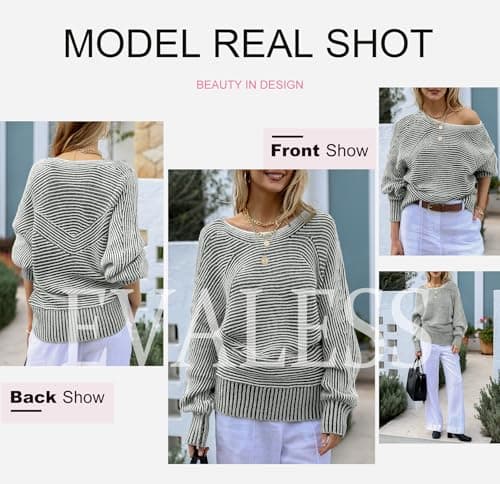 EVALESS Womens Sweaters Winter Outfits Long Sleeve Chunky Knit Tops Work Clothes Trendy 2025 Cute Boat Neck Batwing Sleeve Striped Pullover Sweater Teacher Clothing Christmas Tops, Green XX-Large - Thumbnail 5