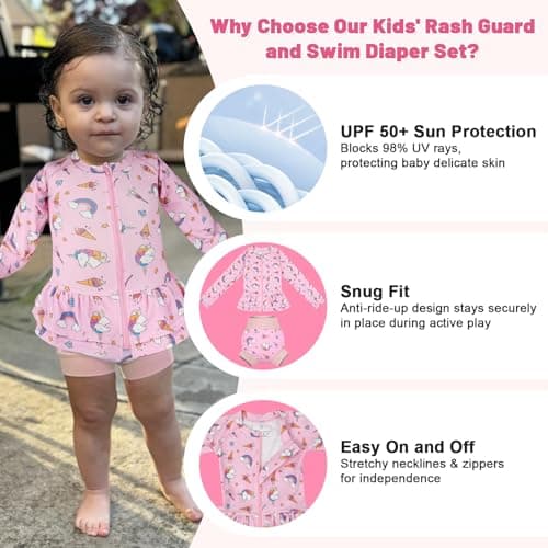 MOEMOE BABY Toddler Swimsuit Boys Girls Rash Guard Swim Diapers Set Kids Bathing Suit 2 Pieces Quick Dry UPF 50+ 3 Years Pink - Thumbnail 5