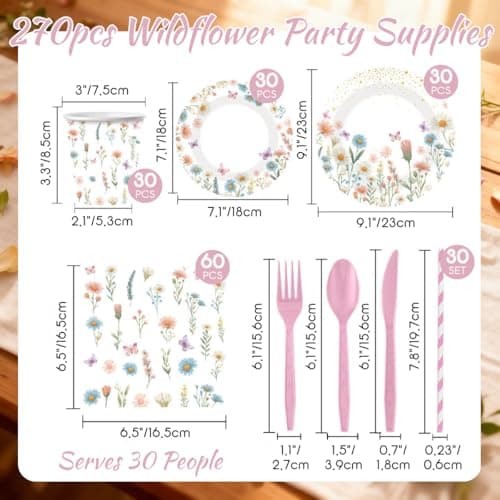270PCS Wildflower Party Supplies Serve 30, Glazeal Paper Plates and Napkins Set with Plastic Disposable Tableware for Baby Shower, Bridal Shower, Wedding, Birthday, Tea Party Decorations - Thumbnail 2