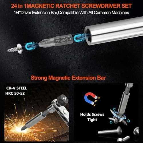 24 in 1 Magnetic Ratchet Screwdriver Set,Magnetic Screwdriver CR-V Steel Multi Bit Metric Sockets 1/4” Extension Bar,Quick-Switch Ratchet Portable Compact Repair Tool Kit for Home,DIY,Bike,Furniture - Thumbnail 3