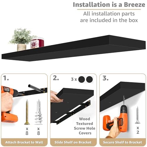 Sorbus Floating Shelves for Wall - 48 Inch Long Bathroom Shelves, Wall Decor for Bedroom, Kitchen, Living Room & Book Storage - Mounted Floating Shelf with Invisible Brackets (Black, 2 Pack) - Thumbnail 4