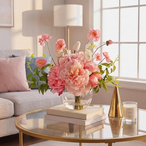 AMORISE Peonies Artificial Flowers in Vase, Pink Flowers Artificial with Faux Water, Silk Peonies Artificial Flowers Arrangements Indoor Realistic Fake Flowers for Table Wedding Party Home Decor - Thumbnail 2