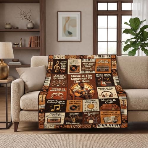 Nxchptr1 Retro Music Throw Blanket for Music Lovers, Vintage Patchwork Design with Guitar Vinyl Record, Gifts for Musicians Men Women, Soft Lightweight Cozy Throw Decor for Home Bed Couch 50'' x 60'' - Thumbnail 2