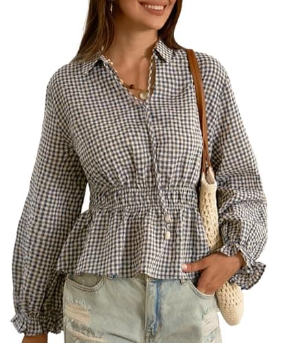 AceNest Crop Linen Tops for Women Puff Sleeve Peplum Blouse V Neck Babydoll Tops Smocked Elastic Pleated Peplum Tops Casual Loose Fit Plaid Blue XL