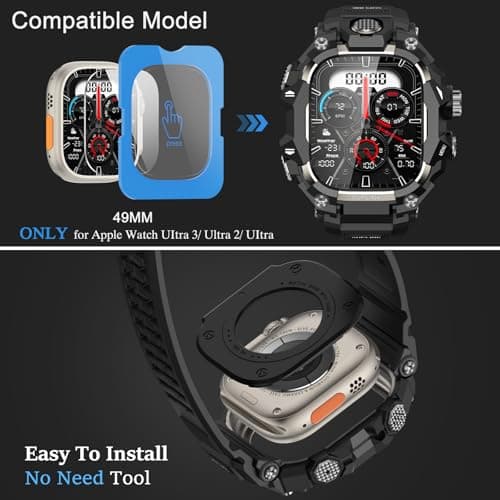 SUPLINK Rugged Case with Bands for Apple Watch Ultra Band/ 2/3, Compatible with 49mm Apple Watch Bands Men, Protective Bumper Cover Screen Protector Kit for Sport iWatch Ultra 2 Band (Titanium Color) - Thumbnail 6