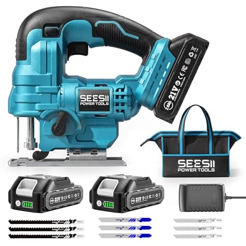 SEESII Jig Saw, Cordless Jigsaw Tool with 2×2.0Ah Batteries and Charger, ±45° Bevel Cuts, 4 Orbital Action for Wood Cutting, Variable Speed, Mini Jigsaw with 9 Blades, LED Light, Lock, Storage Bag - Image 1
