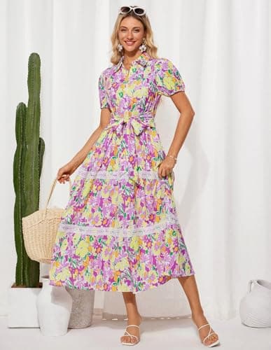 GRACE KARIN Women's 2026 Summer Floral Flowy Dresses Boho Tie Belt Short Puff Sleeve A Line Maxi Shirt Dress with Pocket Purple Yellow Small - Thumbnail 6