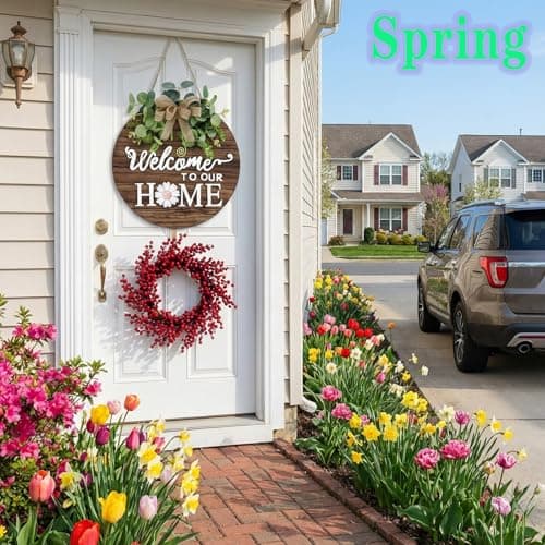 Interchangeable Welcome Sign for Front Door - Rustic Wood Wreath, Farmhouse Porch Hanging for Housewarming Gifts, New Home, Front Door & Porch Decor (12in Round) - Thumbnail 5